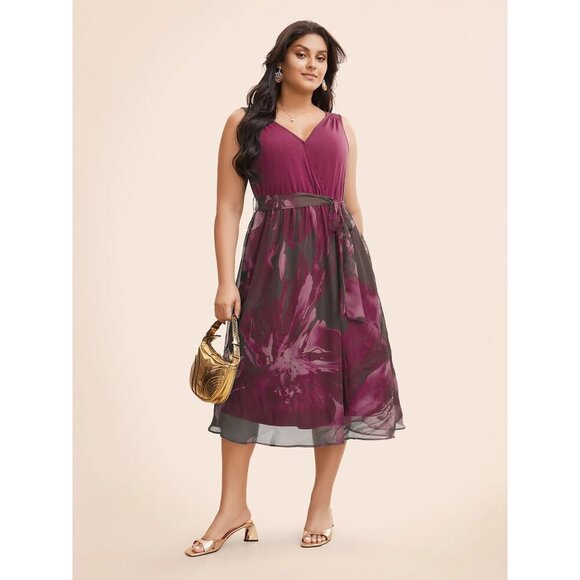 NWT BloomChic Red Violet Floral Print Belted, Pocket Tank Dress 10/M, 12/L - Picture 2 of 5